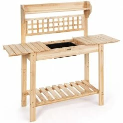 Costway Garden Potting Bench Workstation Table with Sliding Tabletop Sink Shelves