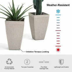 Glitzhome 22.75 in. H Oversized Eco-Friendly PE Sand Beige Terrazzo Fluted Tapered Tall Pot Planter (2-Pack) 12 Glitzhome 22.75 in. H Oversized Eco-Friendly PE Sand Beige Terrazzo Fluted Tapered Tall Pot Planter (2-Pack) -Design Toscano Sales Store beige glitzhome plant pots 2022800011 4f 1000