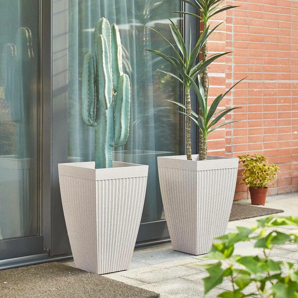 Glitzhome 22.75 in. H Oversized Eco-Friendly PE Sand Beige Terrazzo Fluted Tapered Tall Pot Planter (2-Pack) 4 Glitzhome 22.75 in. H Oversized Eco-Friendly PE Sand Beige Terrazzo Fluted Tapered Tall Pot Planter (2-Pack) - Image 2