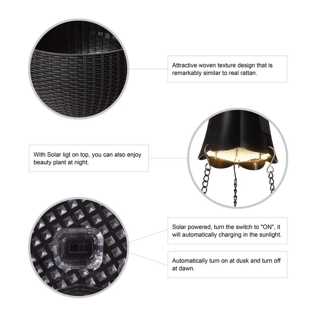 Glitzhome 10.25 in. D Solar Lighted Black Plastic Hanging Planter 7 Glitzhome 10.25 in. D Solar Lighted Black Plastic Hanging Planter - Image 5