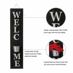 Glitzhome 42 in. H Black Wooden Welcome Porch Sign with Metal Planter -Design Toscano Sales Store black glitzhome plant pots 2007200019 4f 1000