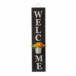 Glitzhome 42 in. H Black Wooden Welcome Porch Sign with Metal Planter -Design Toscano Sales Store black glitzhome plant pots 2007200019 fa 1000