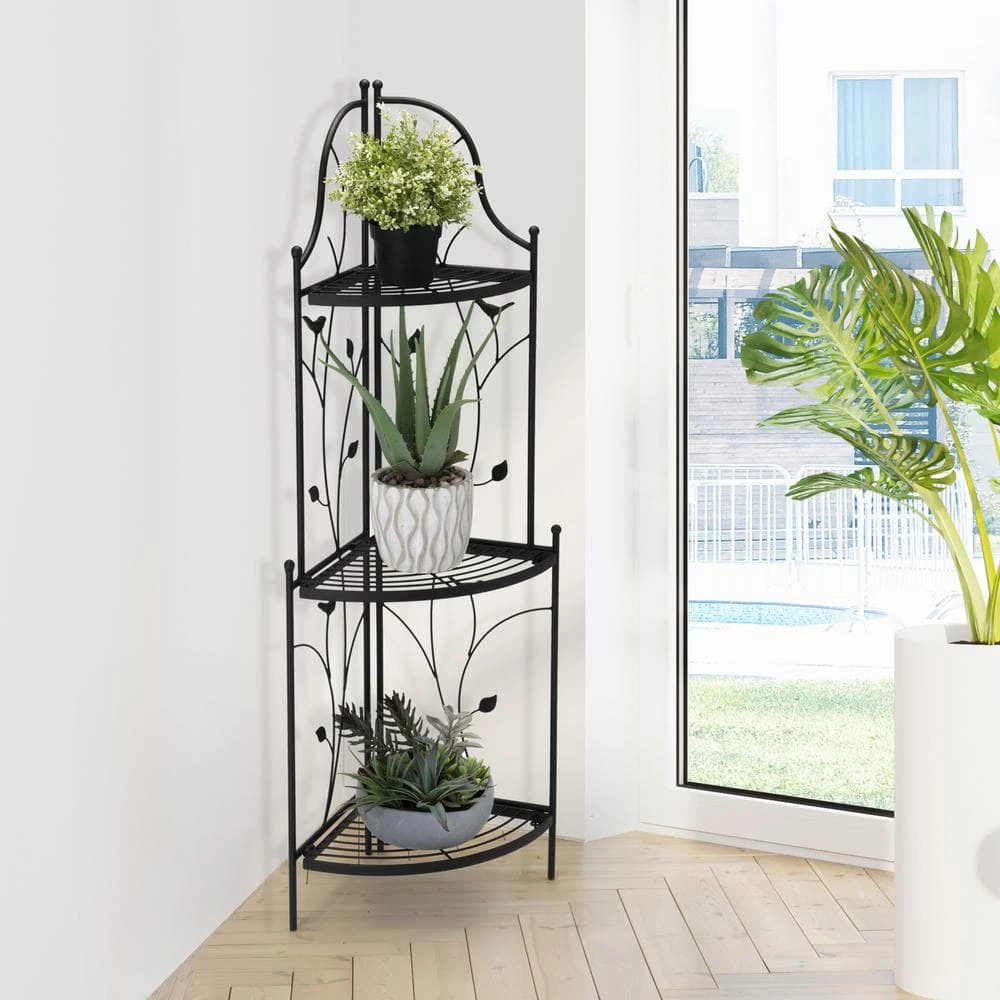Glitzhome 44.75 in. H 3-Tiered Black Metal Corner Shelf Plant Stand 3 Glitzhome 44.75 in. H 3-Tiered Black Metal Corner Shelf Plant Stand