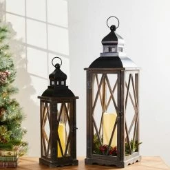 Glitzhome Farmhouse Wooden Lantern with Diamond Window Frame in Black (Set of 2)