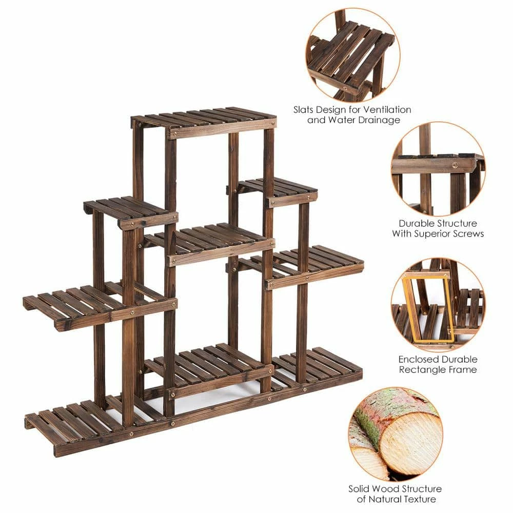 Costway 6-Tier Carbon Baking Wood Outdoor Plant Stand Plant Display Rack Multifunctional Storage Shelf 7 Costway 6-Tier Carbon Baking Wood Outdoor Plant Stand Plant Display Rack Multifunctional Storage Shelf - Image 5