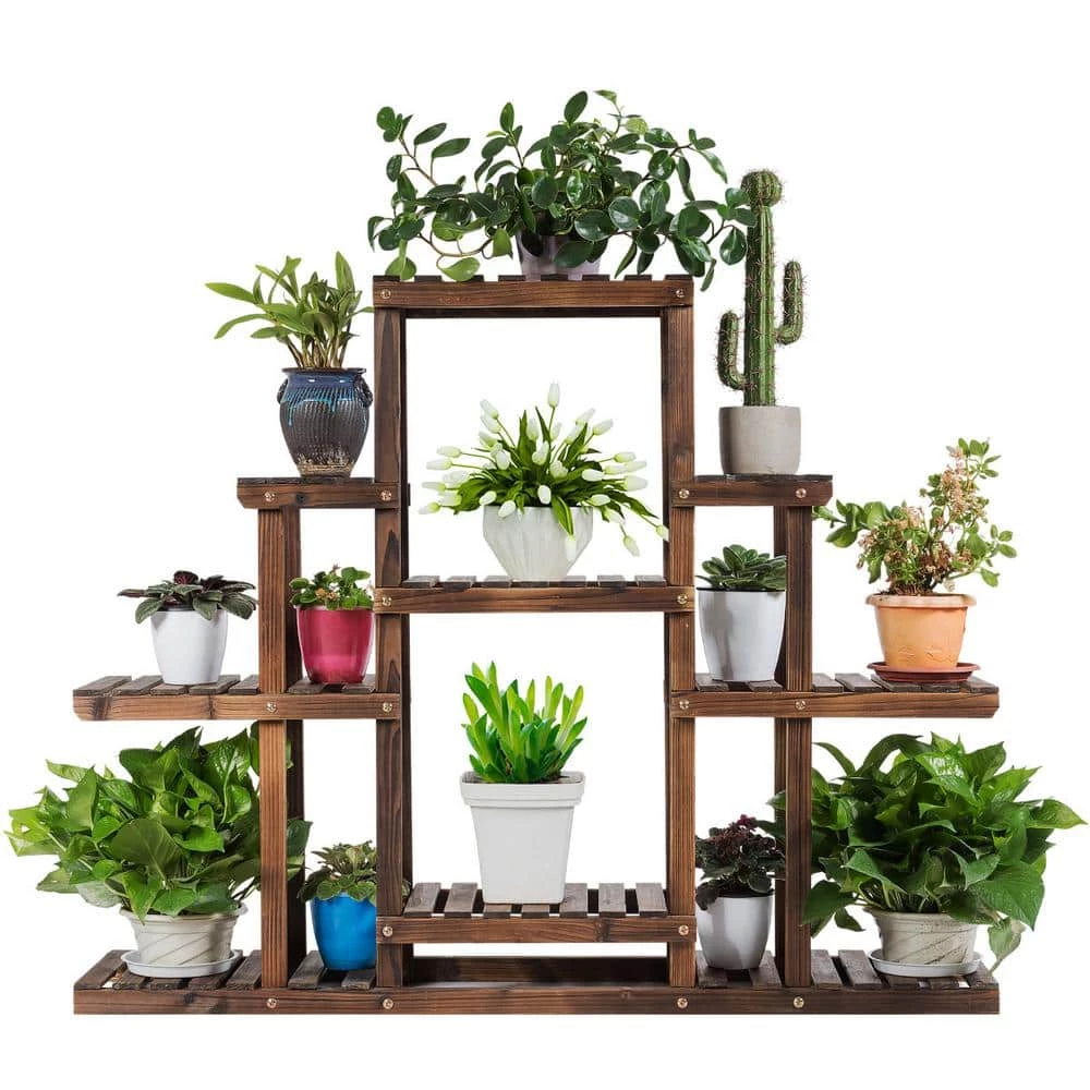 Costway 6-Tier Carbon Baking Wood Outdoor Plant Stand Plant Display Rack Multifunctional Storage Shelf 8 Costway 6-Tier Carbon Baking Wood Outdoor Plant Stand Plant Display Rack Multifunctional Storage Shelf - Image 6
