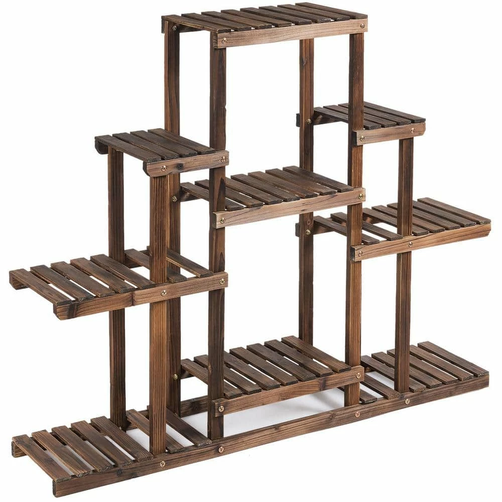 Costway 6-Tier Carbon Baking Wood Outdoor Plant Stand Plant Display Rack Multifunctional Storage Shelf 4 Costway 6-Tier Carbon Baking Wood Outdoor Plant Stand Plant Display Rack Multifunctional Storage Shelf - Image 2