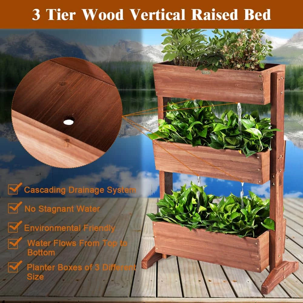 Costway 3-Tier Brown Fir Wood Rectangular Raised Bed Elevated Planter Freestanding 8 Costway 3-Tier Brown Fir Wood Rectangular Raised Bed Elevated Planter Freestanding - Image 6