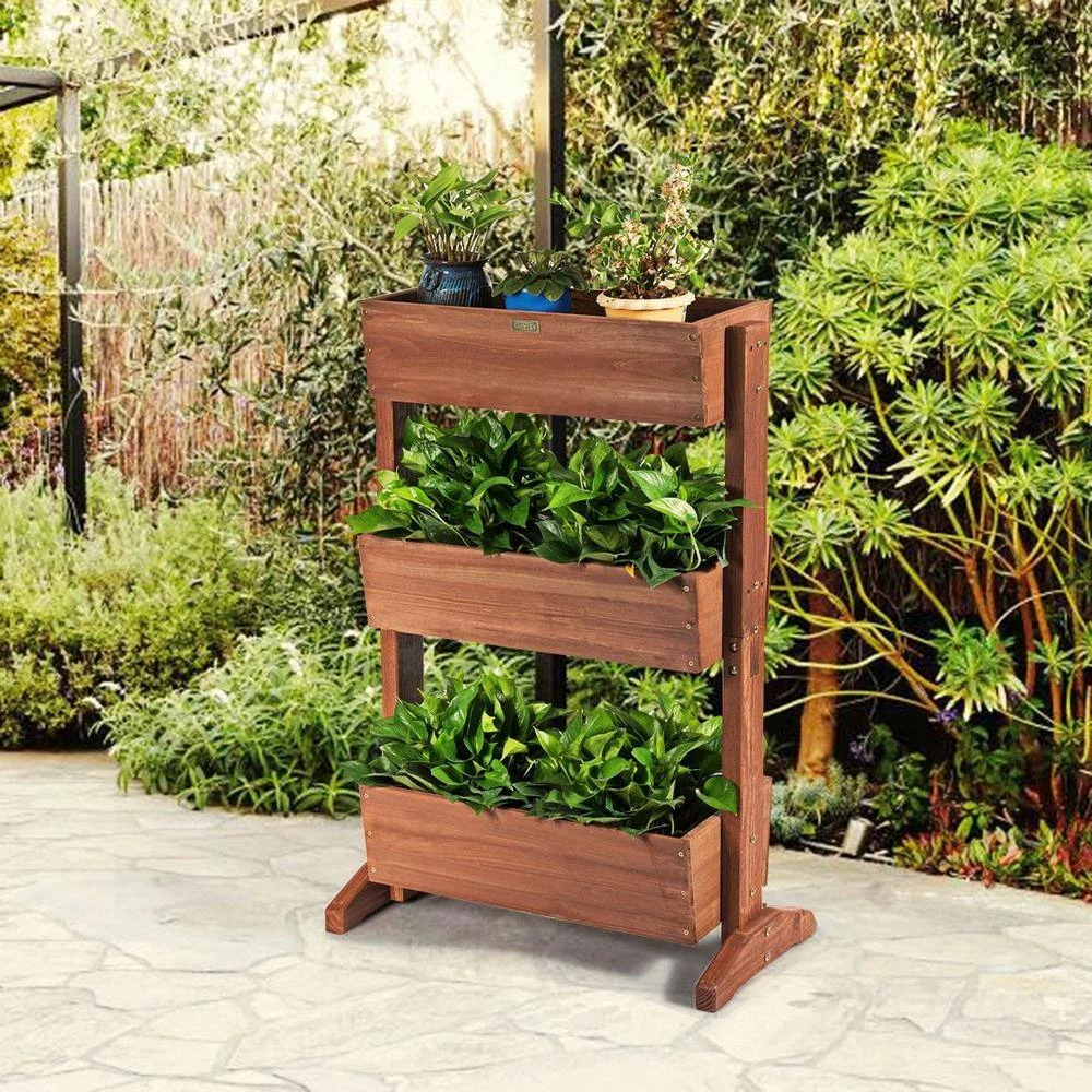 Costway 3-Tier Brown Fir Wood Rectangular Raised Bed Elevated Planter Freestanding 10 Costway 3-Tier Brown Fir Wood Rectangular Raised Bed Elevated Planter Freestanding - Image 8