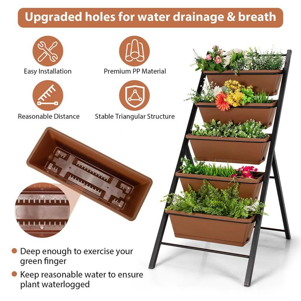 Costway 29 in. x 22.5 in. x 48.5 in. 5-Tier Brown Plastic Garden Planter Box Elevated Raised Bed with Container 8 Costway 29 in. x 22.5 in. x 48.5 in. 5-Tier Brown Plastic Garden Planter Box Elevated Raised Bed with Container - Image 6
