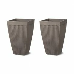 Glitzhome Eco-friendly Oversized Faux Concrete Tall Square Plastic Fluted Pot Planter, (Set of 2)