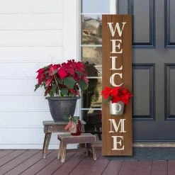 Glitzhome Wooden Welcome Porch Sign with Metal Planter -Design Toscano Sales Store brown glitzhome plant pots gh1404203466 31 1000