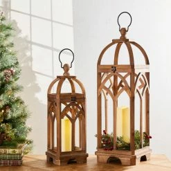 Glitzhome Farmhouse Natural Brown Wooden Church Window Lanterns (Set of 2)