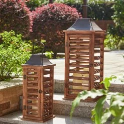 Glitzhome Farmhouse Natural Brown Wooden Shutter Lanterns (Set of 2)