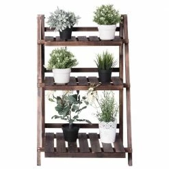 Costway 24 in. x 15 in. L x 37 in. Ladder Indoor Outdoor Brown Wood Plant Stand (3-Tiers)