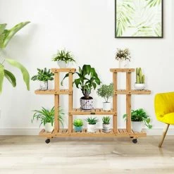 Costway 45.5 in. x 10 in. x 31.5 in. Ladder Indoor Outdoor Beige Wood Plant Stand (4-Tiers) -Design Toscano Sales Store costway plant stands gt3273na 66 1000