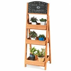 Costway 18 in. x 16.5 in. x 51 in. Tiered Indoor Outdoor Natural Wood Plant Stand (3-Tiers) with Menu Chalkboard