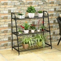 Costway 13 in. Tall Indoor/Outdoor Steel Corner Black Metal Plant Stand (3-Tiered) -Design Toscano Sales Store costway plant stands gt3526 1f 1000