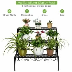Costway 24 in. Tall Indoor/Outdoor Black Steel Metal Plant Stand (3-Tiered) -Design Toscano Sales Store costway plant stands gt3527 44 1000