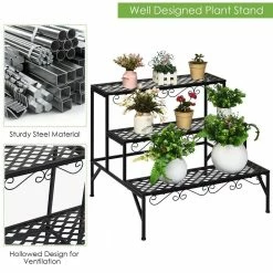 Costway 24 in. Tall Indoor/Outdoor Black Steel Metal Plant Stand (3-Tiered) -Design Toscano Sales Store costway plant stands gt3527 fa 1000