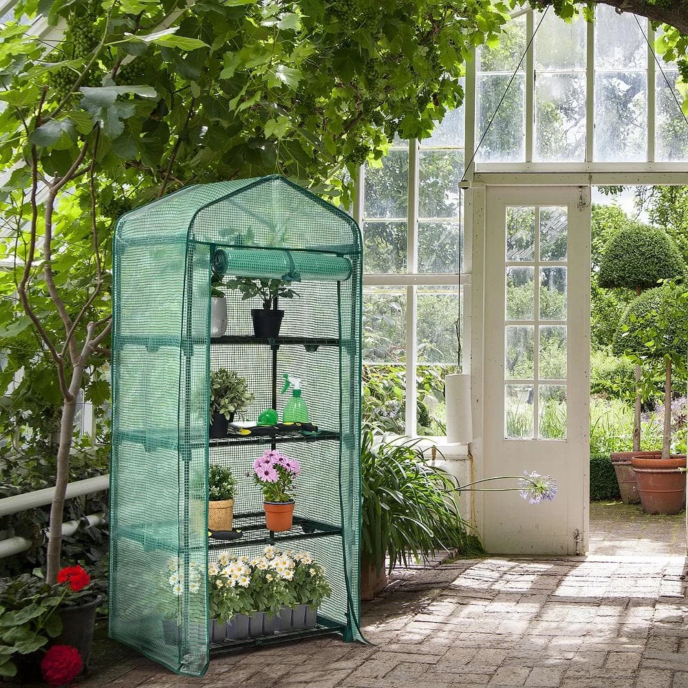Costway 28 in. W x 19 in. D x 63 in. H Mini Greenhouse with PE Cover 4-Tier Portable Warm House 4 Costway 28 in. W x 19 in. D x 63 in. H Mini Greenhouse with PE Cover 4-Tier Portable Warm House - Image 2