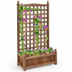 Costway 25 in. Dia. Outdoor Dark Brown Wood Individual Floor Planter Box with Trellis