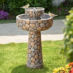 Glitzhome 24.41 in. H Outdoor Polyresin 2-Tierd Stone-Like Birdbath Fountain
