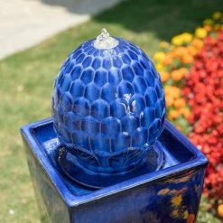Glitzhome 35.75 in. H Oversized Cobalt Blue Artichoke Pedestal Ceramic Fountain with Pump and LED Light (KD) -Design Toscano Sales Store glitzhome freestanding fountains 2007300012 1f 1000