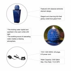 Glitzhome 35.75 in. H Oversized Cobalt Blue Artichoke Pedestal Ceramic Fountain with Pump and LED Light (KD) -Design Toscano Sales Store glitzhome freestanding fountains 2007300012 4f 1000