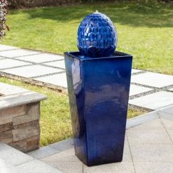 Glitzhome 35.75 in. H Oversized Cobalt Blue Artichoke Pedestal Ceramic Fountain with Pump and LED Light (KD) -Design Toscano Sales Store glitzhome freestanding fountains 2007300012 77 1000