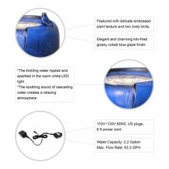 Glitzhome 19.5 in. H Cobalt Blue 2 Birds Embossed Plant Pattern Ceramic Pot Fountain with Pump and LED Light (KD) -Design Toscano Sales Store glitzhome freestanding fountains 2007300019 1f 1000