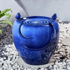 Glitzhome 19.5 in. H Cobalt Blue 2 Birds Embossed Plant Pattern Ceramic Pot Fountain with Pump and LED Light (KD) -Design Toscano Sales Store glitzhome freestanding fountains 2007300019 c3 1000