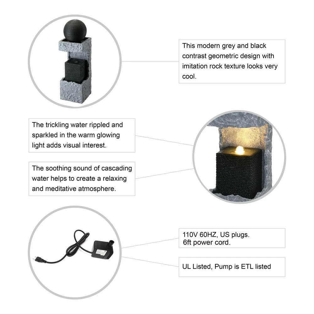 Glitzhome 34.75 in. H Tall Modern Black and Grey Geometric Outdoor Polyresin Waterfall Fountain with LED Light and Pump 6 Glitzhome 34.75 in. H Tall Modern Black and Grey Geometric Outdoor Polyresin Waterfall Fountain with LED Light and Pump - Image 4