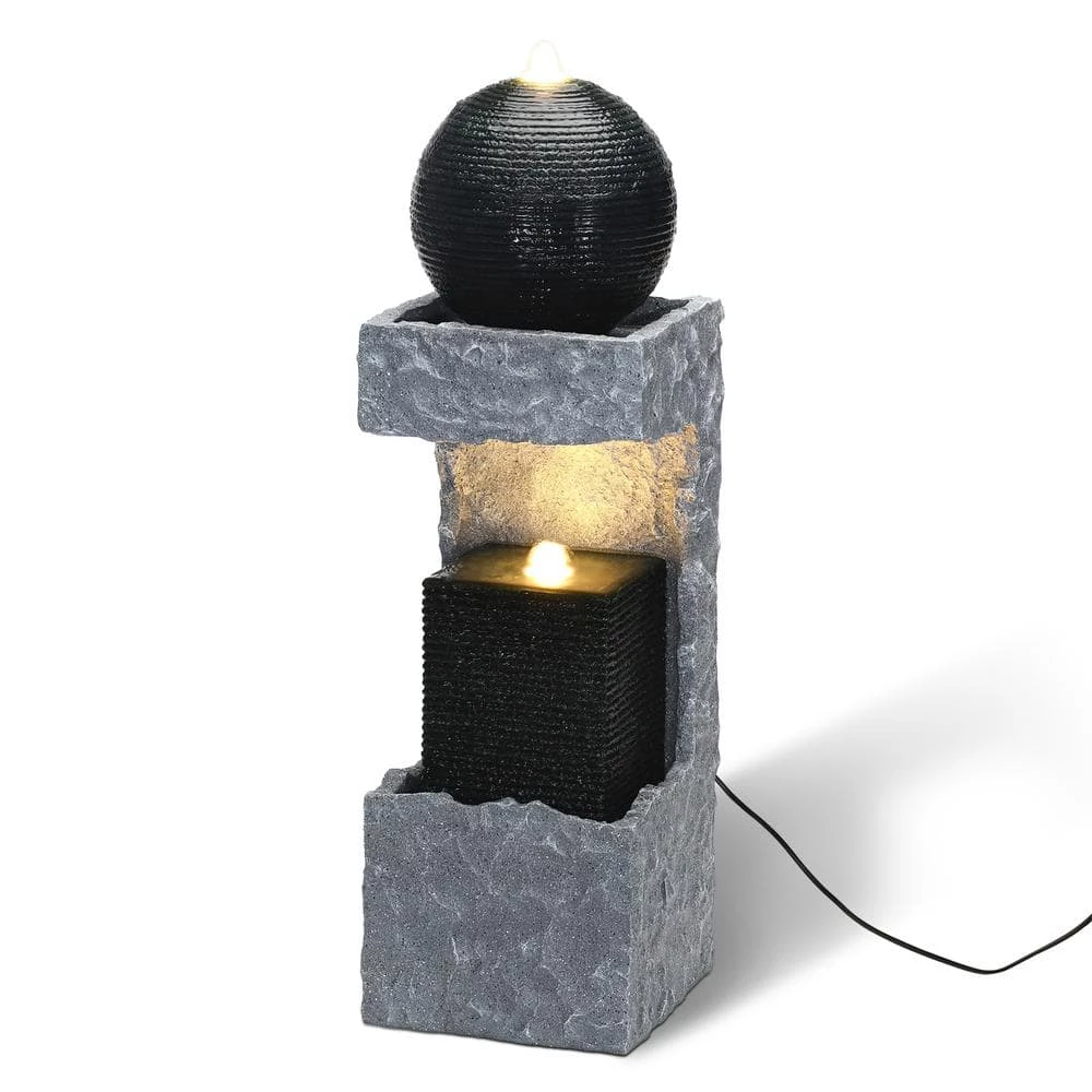 Glitzhome 34.75 in. H Tall Modern Black and Grey Geometric Outdoor Polyresin Waterfall Fountain with LED Light and Pump 3 Glitzhome 34.75 in. H Tall Modern Black and Grey Geometric Outdoor Polyresin Waterfall Fountain with LED Light and Pump