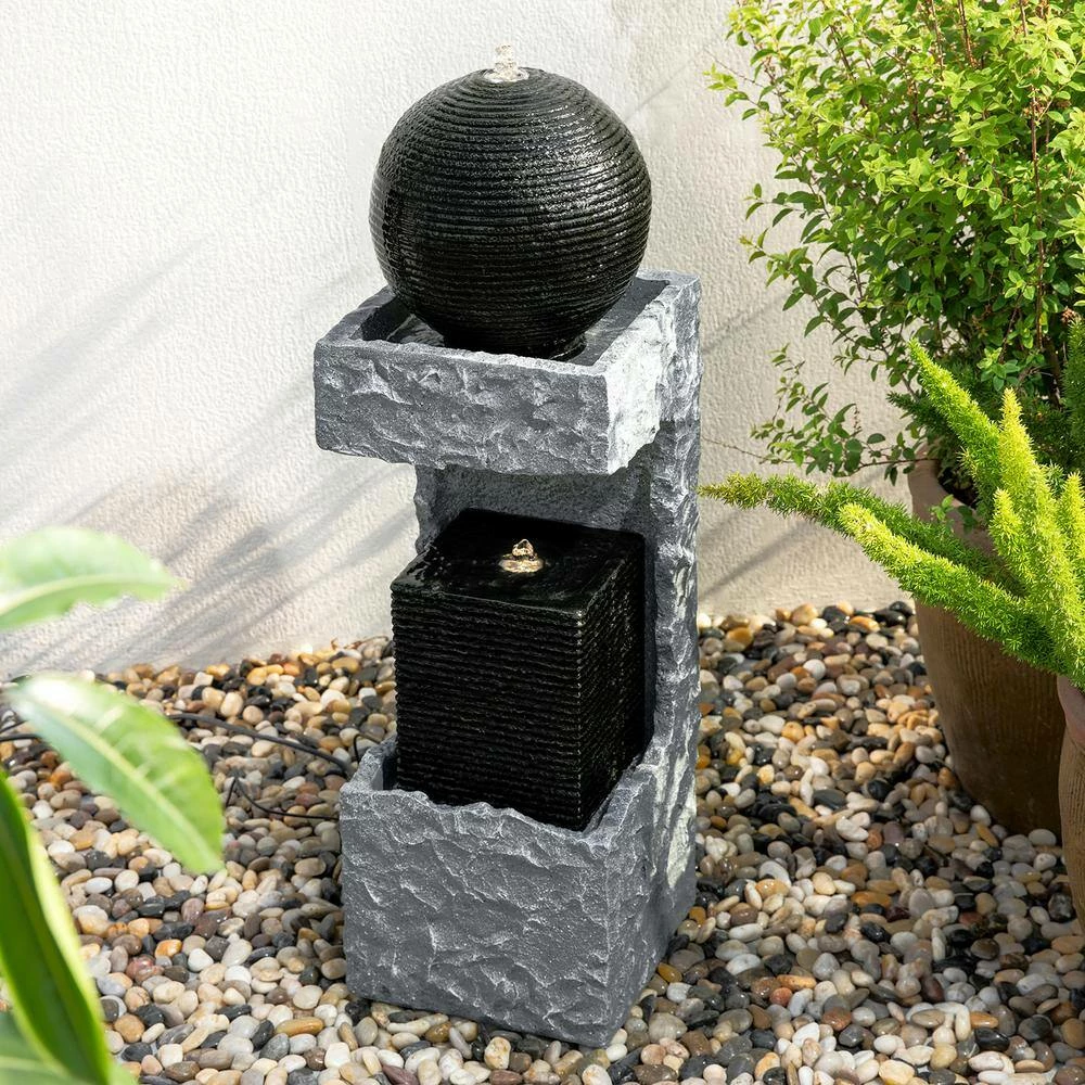 Glitzhome 34.75 in. H Tall Modern Black and Grey Geometric Outdoor Polyresin Waterfall Fountain with LED Light and Pump 4 Glitzhome 34.75 in. H Tall Modern Black and Grey Geometric Outdoor Polyresin Waterfall Fountain with LED Light and Pump - Image 2