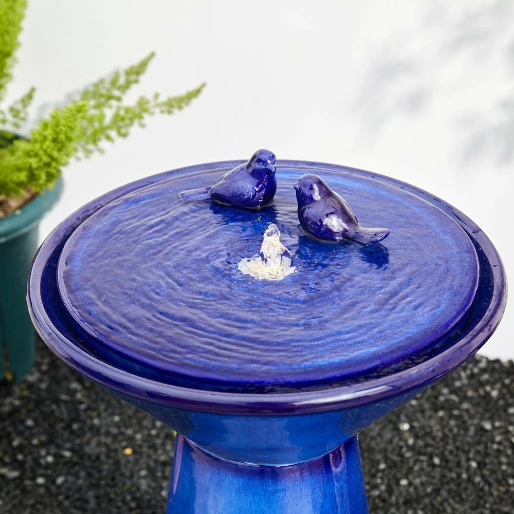Glitzhome 27.5 in. H Cobalt Blue 2 Birds Embossed Plant Pattern Pedestal Ceramic Fountain with Pump and LED Light (KD) 7 Glitzhome 27.5 in. H Cobalt Blue 2 Birds Embossed Plant Pattern Pedestal Ceramic Fountain with Pump and LED Light (KD) - Image 5