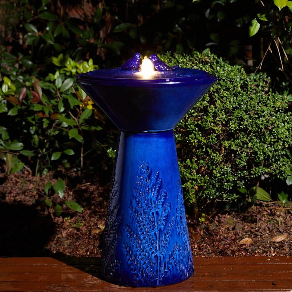 Glitzhome 27.5 in. H Cobalt Blue 2 Birds Embossed Plant Pattern Pedestal Ceramic Fountain with Pump and LED Light (KD) 8 Glitzhome 27.5 in. H Cobalt Blue 2 Birds Embossed Plant Pattern Pedestal Ceramic Fountain with Pump and LED Light (KD) - Image 6