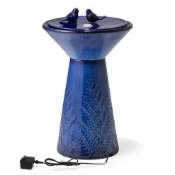 Glitzhome 27.5 in. H Cobalt Blue 2 Birds Embossed Plant Pattern Pedestal Ceramic Fountain with Pump and LED Light (KD)