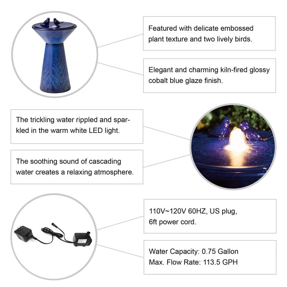 Glitzhome 27.5 in. H Cobalt Blue 2 Birds Embossed Plant Pattern Pedestal Ceramic Fountain with Pump and LED Light (KD) 5 Glitzhome 27.5 in. H Cobalt Blue 2 Birds Embossed Plant Pattern Pedestal Ceramic Fountain with Pump and LED Light (KD) - Image 3