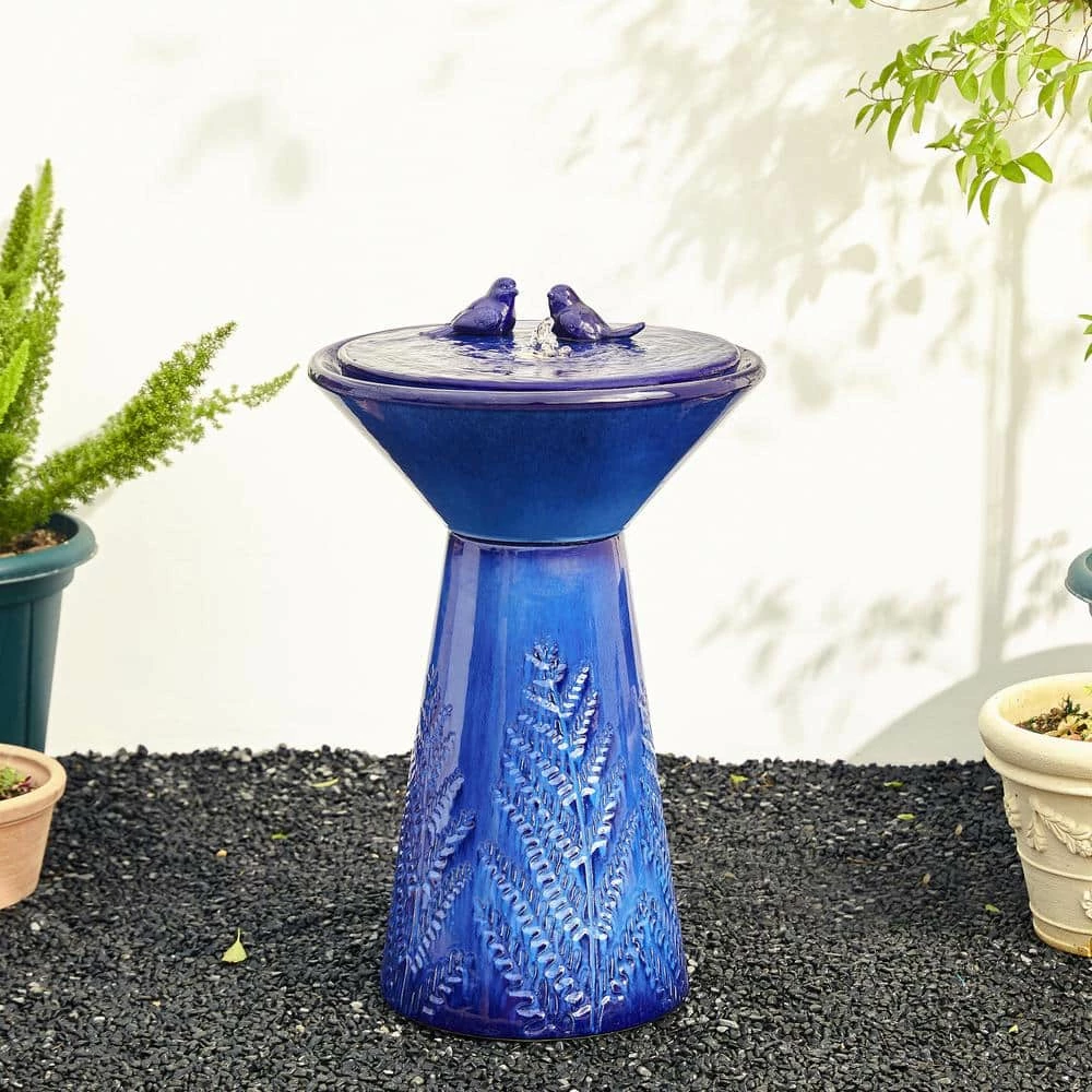 Glitzhome 27.5 in. H Cobalt Blue 2 Birds Embossed Plant Pattern Pedestal Ceramic Fountain with Pump and LED Light (KD) 4 Glitzhome 27.5 in. H Cobalt Blue 2 Birds Embossed Plant Pattern Pedestal Ceramic Fountain with Pump and LED Light (KD) - Image 2