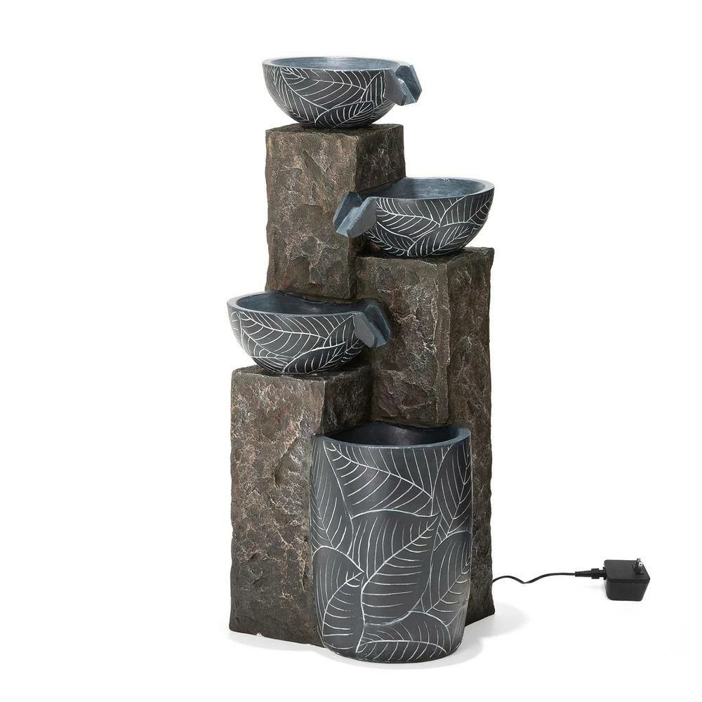 Glitzhome 32.75 in. H Natural Leaf Textured 4-Tier Resin Outdoor Fountain with Pump and Light (KD) 8 Glitzhome 32.75 in. H Natural Leaf Textured 4-Tier Resin Outdoor Fountain with Pump and Light (KD) - Image 6