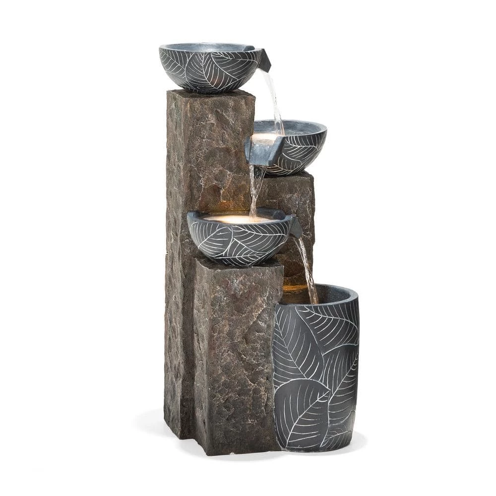 Glitzhome 32.75 in. H Natural Leaf Textured 4-Tier Resin Outdoor Fountain with Pump and Light (KD) 3 Glitzhome 32.75 in. H Natural Leaf Textured 4-Tier Resin Outdoor Fountain with Pump and Light (KD)