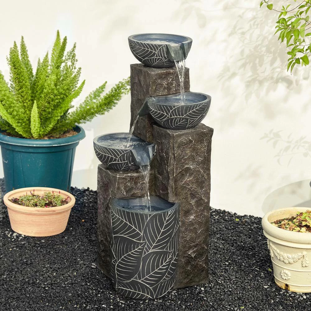 Glitzhome 32.75 in. H Natural Leaf Textured 4-Tier Resin Outdoor Fountain with Pump and Light (KD) 4 Glitzhome 32.75 in. H Natural Leaf Textured 4-Tier Resin Outdoor Fountain with Pump and Light (KD) - Image 2