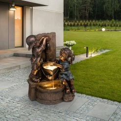 Glitzhome 25.5 in. H Polyresin Boy and Girl Sculptural Outdoor Fountain With Pump and LED Lights -Design Toscano Sales Store glitzhome freestanding fountains gh2007300003 de 1000
