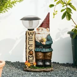 Glitzhome 16.25 in. H Outdoor Polyresin Welcome Sign Gnome Garden Statue with Solar Light -Design Toscano Sales Store glitzhome garden statues 2025400021 77 1000