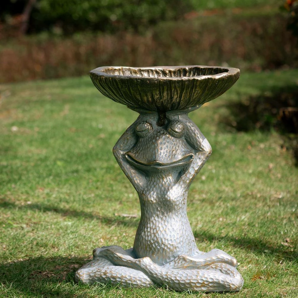 Glitzhome 17.75 in. H Bronze MGO Yog Frog Garden Statue With Birdbath 4 Glitzhome 17.75 in. H Bronze MGO Yog Frog Garden Statue With Birdbath - Image 2