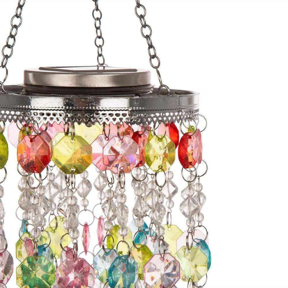 Glitzhome 18.75 in. H Solar Lighted Hanging Chandelier with Acrylic Multi-Colored Jewel Beads 5 Glitzhome 18.75 in. H Solar Lighted Hanging Chandelier with Acrylic Multi-Colored Jewel Beads - Image 3