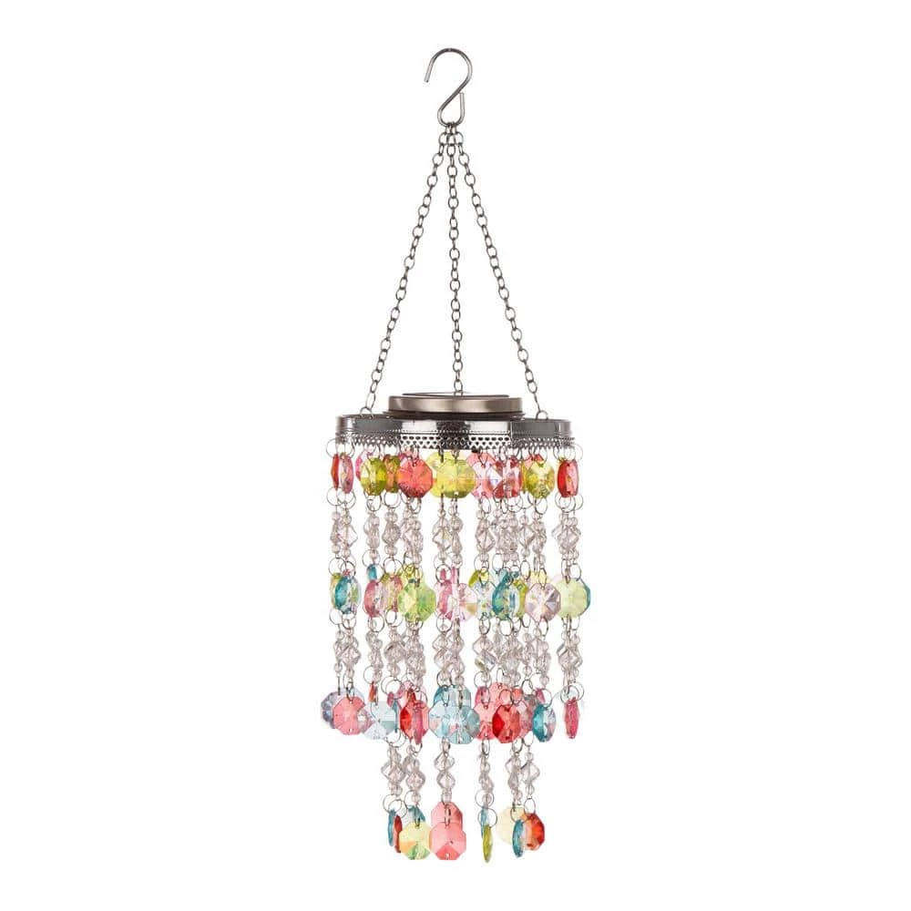 Glitzhome 18.75 in. H Solar Lighted Hanging Chandelier with Acrylic Multi-Colored Jewel Beads 3 Glitzhome 18.75 in. H Solar Lighted Hanging Chandelier with Acrylic Multi-Colored Jewel Beads