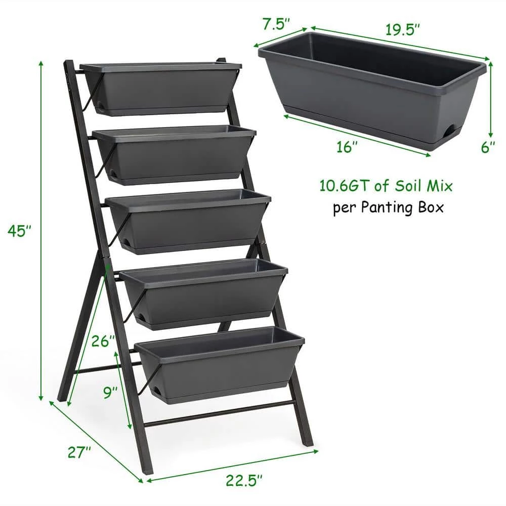 Costway 22.5 in. L x 27 in. W x 45 in. H Black Plastic Vertical Raised Bed 5-Tier 9 Costway 22.5 in. L x 27 in. W x 45 in. H Black Plastic Vertical Raised Bed 5-Tier - Image 7