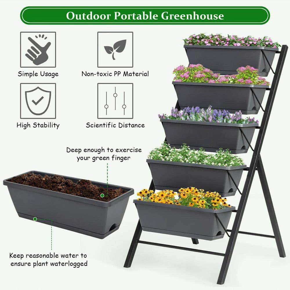 Costway 22.5 in. L x 27 in. W x 45 in. H Black Plastic Vertical Raised Bed 5-Tier 5 Costway 22.5 in. L x 27 in. W x 45 in. H Black Plastic Vertical Raised Bed 5-Tier - Image 3
